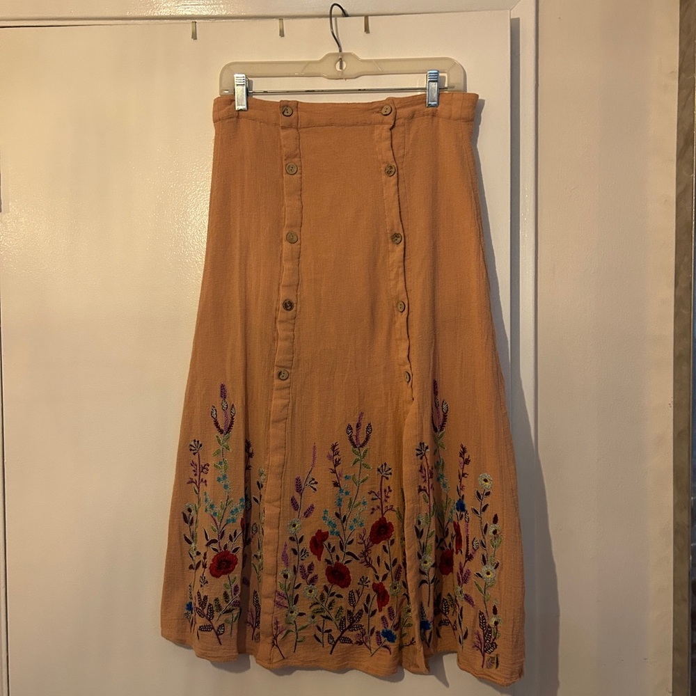 Free People Embroidered Floral Button-Front Skirt
